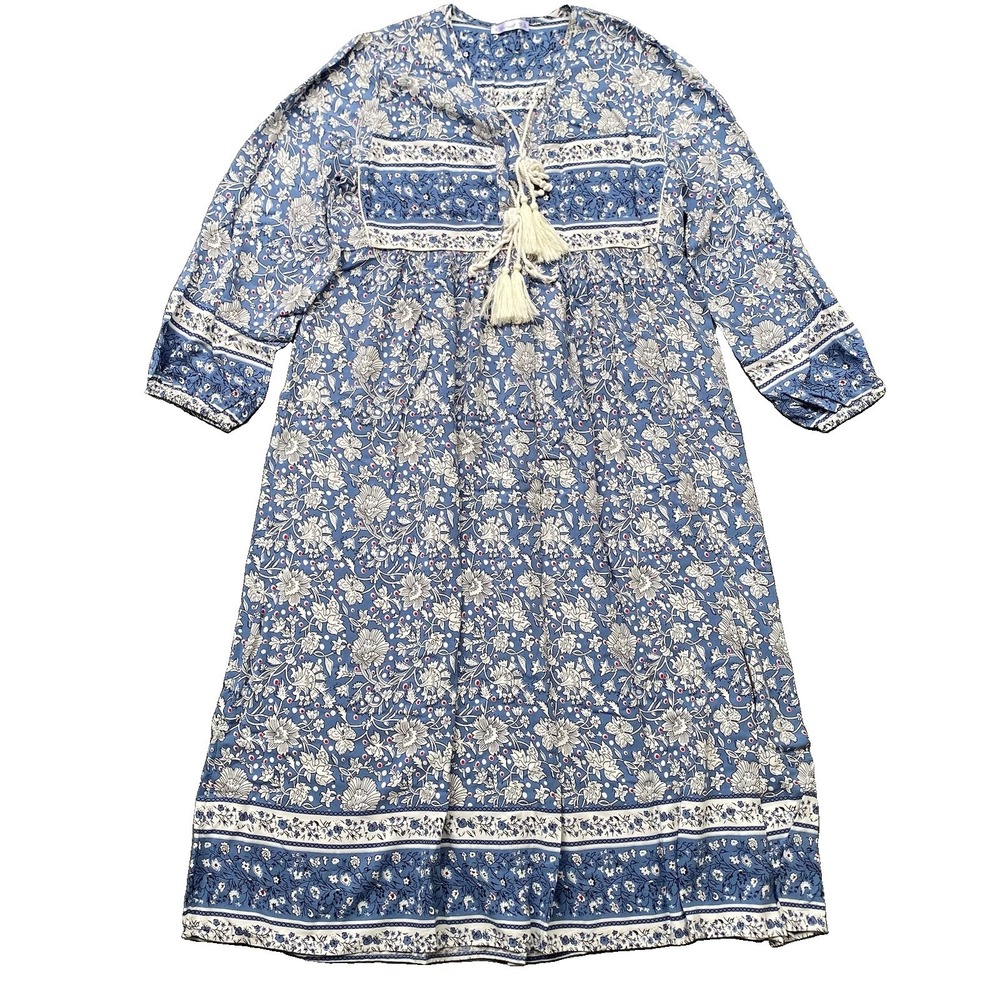 Midi Popover Dress M Blue Floral V-Neck Long Sleeve Boho Beach Resort Moo Moo